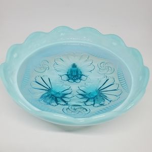 Vintage Northwood Blue Opalescent Ruffles & Rings Footed Bowl 8"